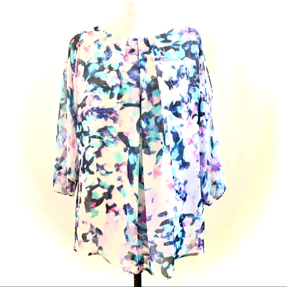 JLopez Blouse - Sequin Tank w/Chiffon Over | SZ 1X